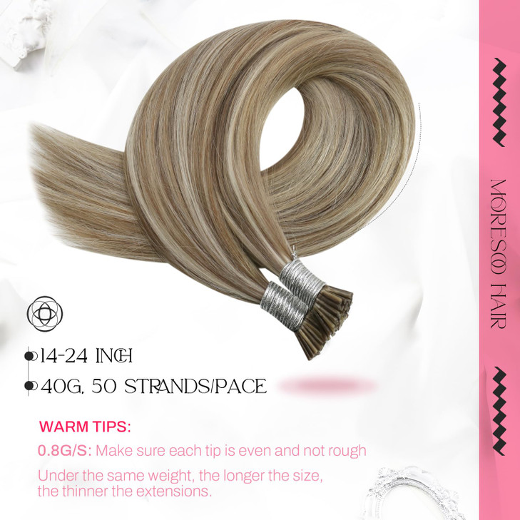 Moresoo Itip Hair Extensions Human Hair Brown Highlight Platinum Blonde Hair Extensions Human Hair I Tip 40G50S 22 Inch