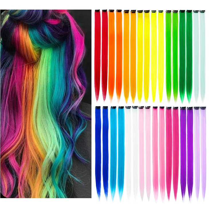 KGBFASS 32Packs Colored Hair Extensions 20Inch Straight Color Clip in on Hair Extension Rainbow Party Highlights Synthet