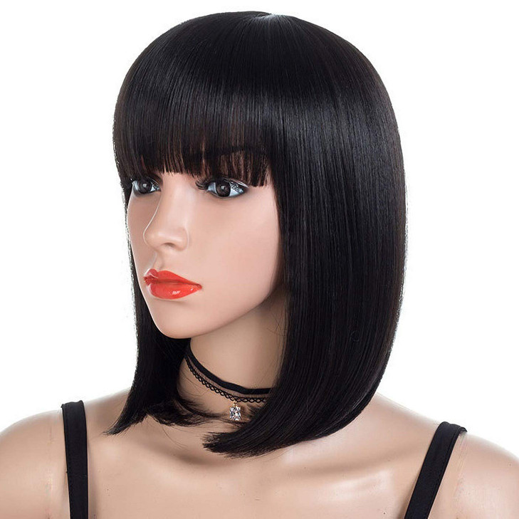 morvally Short Straight Bob Wig Heat Resistant Hair with Blunt Bangs Natural Looking Cosplay Costume Daily Wigs for Wome