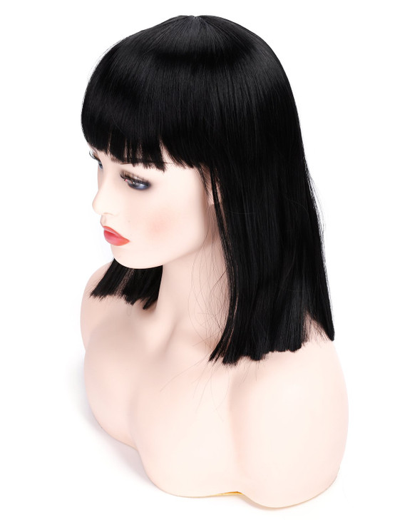 morvally Short Straight Black Wig with Bangs Natural Looking Heat Resistant Hair Cosplay Costume Wigs for Women 14 inche