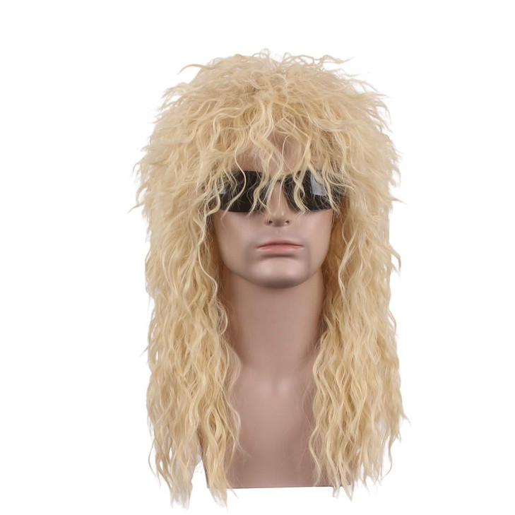 WildCos 80s Mullet Wig Halloween Costumes Punk Rocker Long Blonde Curly hair Cosplay Wig for Men
