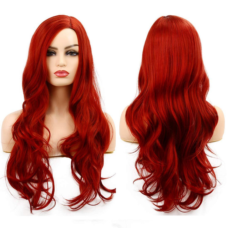 Baruisi Long Curly Wavy Red Wigs for Women Side Part Natural Looking Cosplay Synthetic Fiber Wig Heat Resistant Replacem
