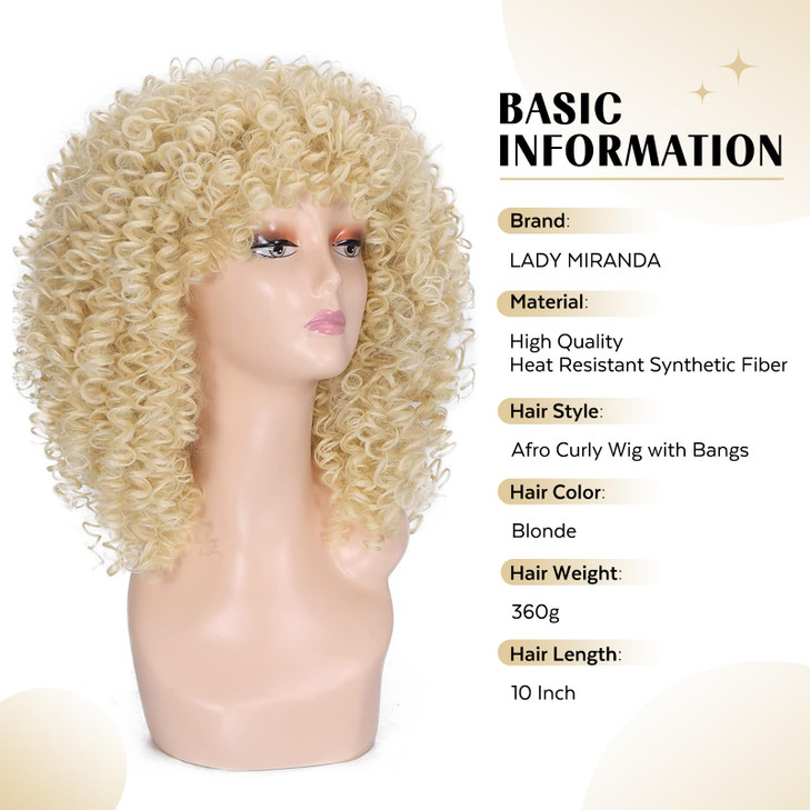 Lady Miranda Blonde Curly Wig Afro Kinky Curly Wigs with Bangs Medium Length Blonde Afro Wig Heat Resistant Synthetic Fu