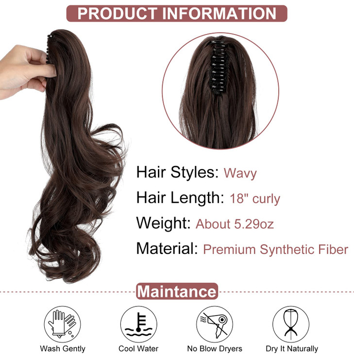 Leterly Ponytail Extension Clip in Claw 18 Curly Wavy Pony Tails Clipon Long Hairpiece Jaw for Women Medium Brown