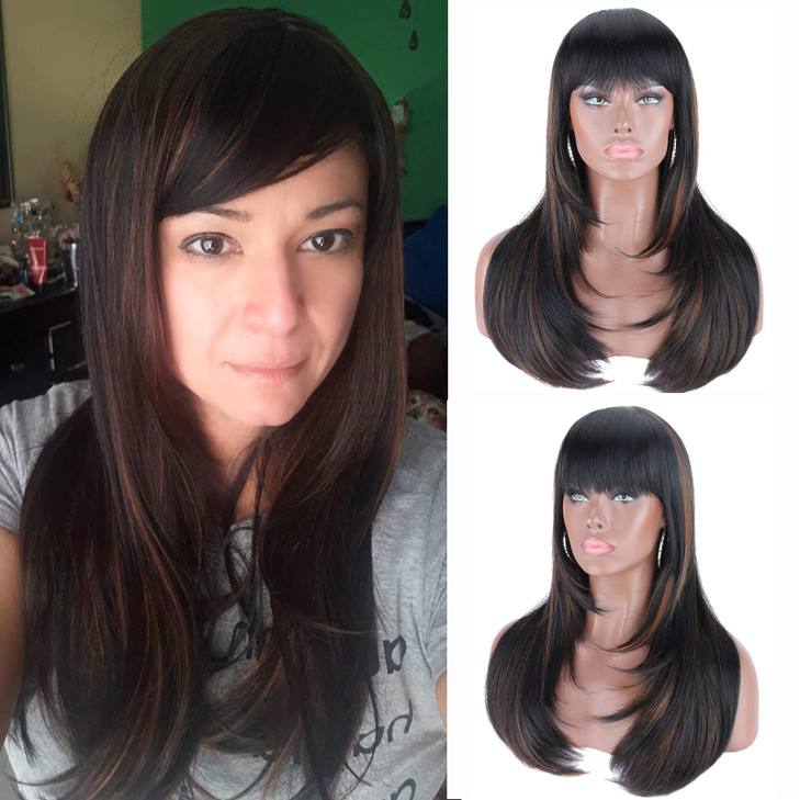 Kalyss Heat Resistant Yaki Human Hair Blended Wig with Hair Bangs Long Straight Layered Black Wigs with Brown Highlights