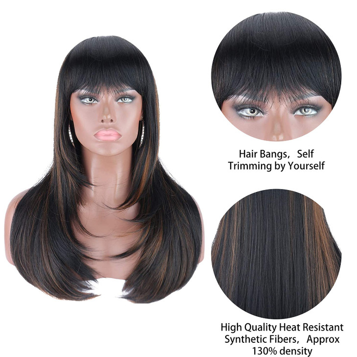 Kalyss Heat Resistant Yaki Human Hair Blended Wig with Hair Bangs Long Straight Layered Black Wigs with Brown Highlights