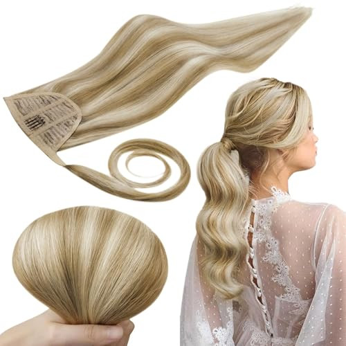 RUNATURE Human Hair Ponytail Extension Golden Blonde 14 Inch Ponytail Extensions Human Hair Light Blonde Highlighted Wra