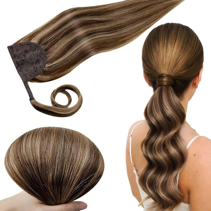 RUNATURE Real Hair Ponytail Extension Clip in Ponytail Extension Human Hair with Magic Paste Straight Soft Remy Human Ha