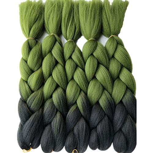 24inch Black to Olive Green Two Tone Ombre Color Synthetic Braiding Hair Extensions Jumbo Braids Hair Bulk 5packslot for