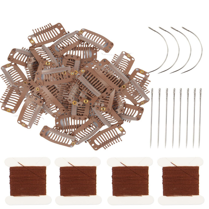 50pcs Hair Extension Clips 9 Teeth Stainless Steel Snap Clips for Wigs Hair Bangs Toppers Toupees with Needle and Thread