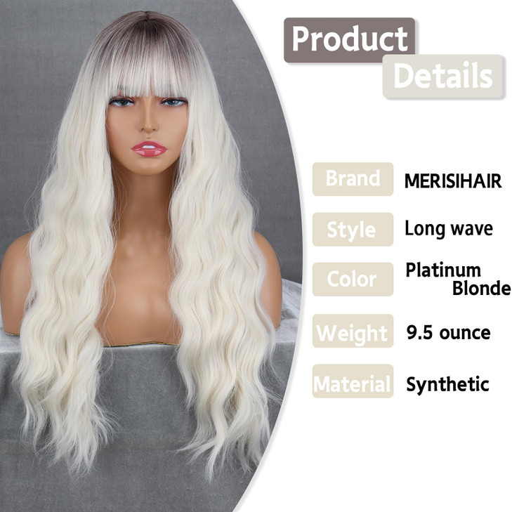 MERISIHAIR Ombre Platinum Blonde Wig with Bangs Long Platinum Blonde Wigs for WomenSynthetic Long Platinum White Wig Dar