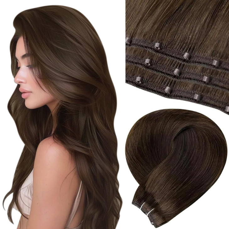 LaaVoo Beaded Weft Hair Extensions Human Hair Brown 4 Microbead Weft Extensions Remy Hair Weft Hair Extension Human Hair