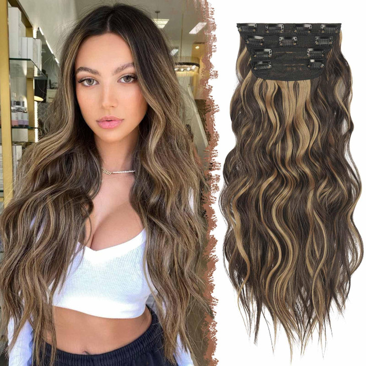 FESHFEN Clip in Hair Extensions 4 PCS Long Wavy Clip in Hairpieces Full Head Synthetic Hair Extension for Women 20 Inch