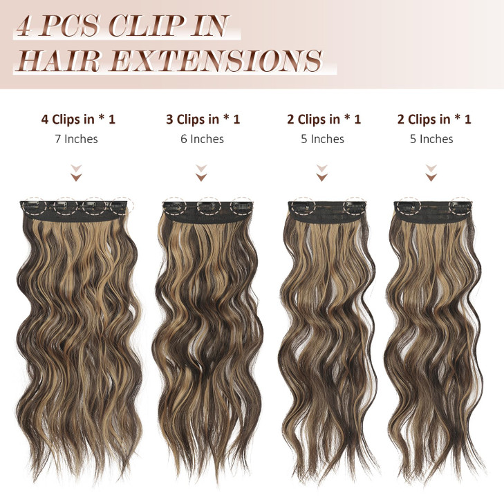 FESHFEN Clip in Hair Extensions 4 PCS Long Wavy Clip in Hairpieces Full Head Synthetic Hair Extension for Women 20 Inch