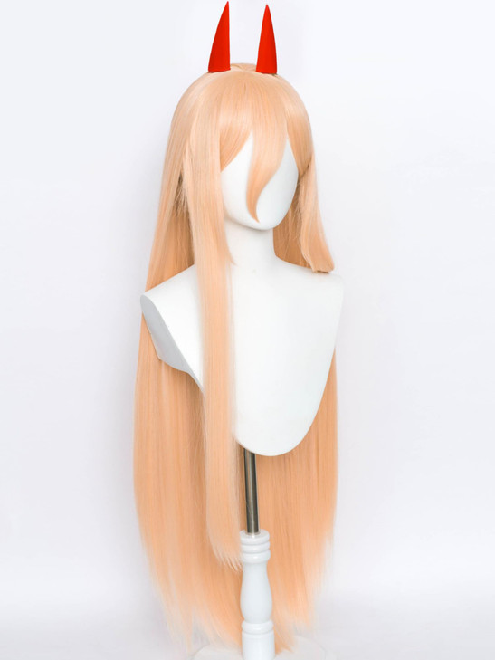 Half and Half Power Cosplay Wig 39 Long Straight Anime Orange Wigs with Bangs Horn Hairpins Wig Cap for Women Halloween