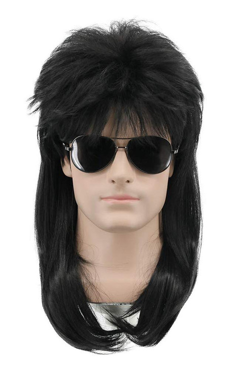 yuehong Adult Long Curly Black Mullet Heavy Metal Disco Wig 70s80s Rock Star Style Wig Soft Breathable Heat Resistant Sy