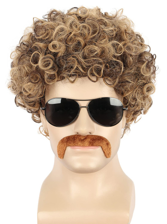 yuehong Short Curly Afro Mens 70s 80s Disco Wig With Mustache Rocker Costume Hair Heat Resistant Synthetic Fibers Cospla