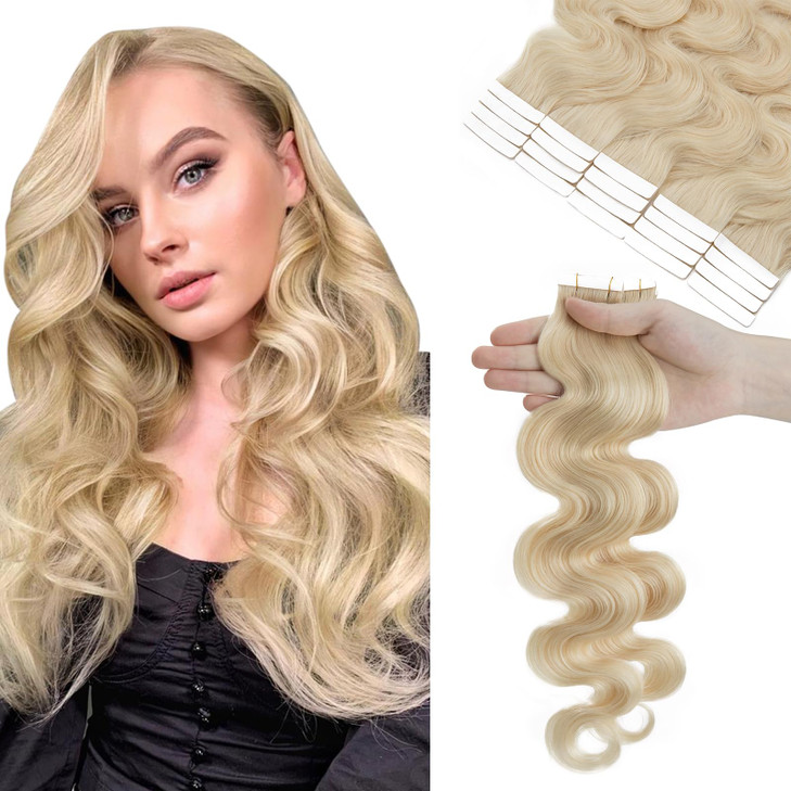 Hairro 22 Inch Tape in Human Hair Extensions Wavy Thin Long Hair 50g 20pcspack Seamless Skin Weft Glue in Body Wave Huma