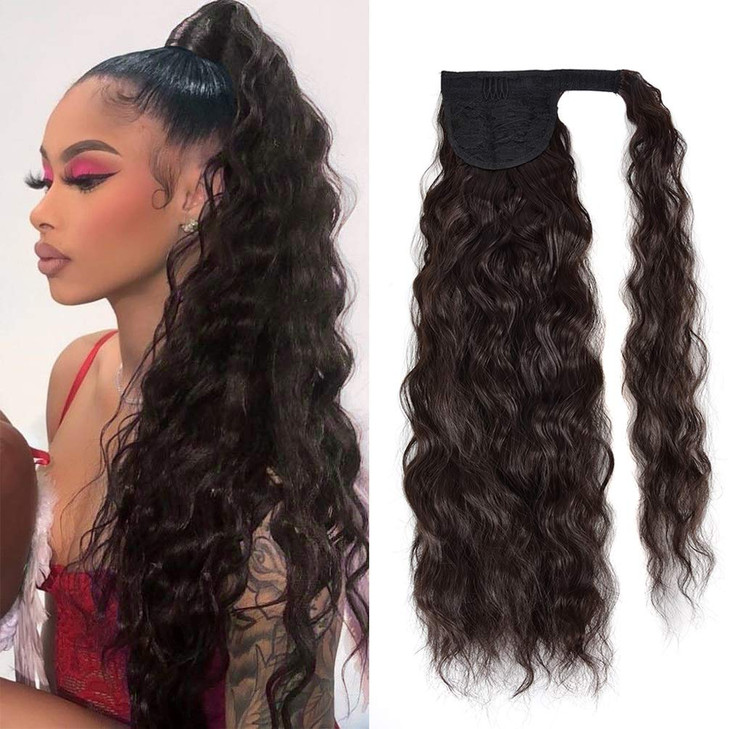Corn Wave Ponytail Extension Clip in 22 Inch Long Wavy Curly Wrap Around Pony Tail Heat Resistant Synthetic Hairpiece fo