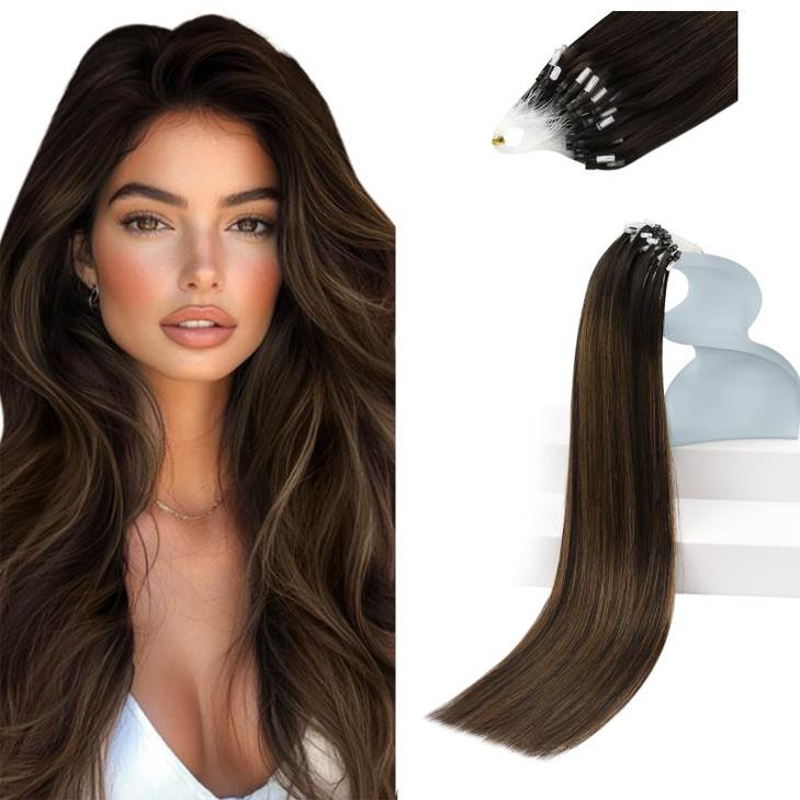 Sunny Hair 57G 18Inch Micro Bead Hair Extensions Human Hair Brown Ombre Balayage Medium Brown Microlink Hair Extensions