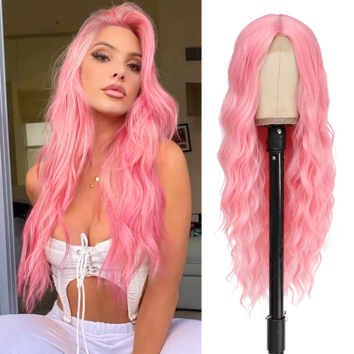 BUPPLER Cosplay Long Pink Wig 28 Inch Middle Part Synthetic Wig Realistic Gifts Party Wigs for Women Daily Use Colorful