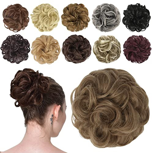 FESHFEN Messy Bun Hair Piece Wavy Synthetic Chignon Scrunchies for Instant Volume Elastic Bun Ponytail Hair Extensions T
