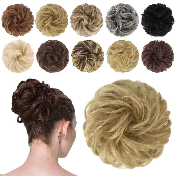 FESHFEN Messy Bun Hair Piece Wavy Synthetic Chignon Scrunchies for Instant Volume Elastic Bun Ponytail Hair Extensions T