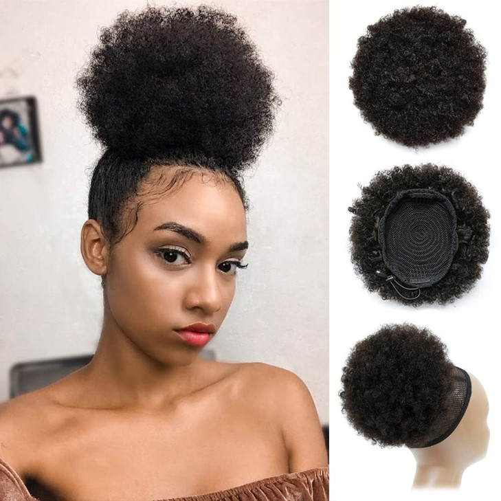 100 Human Hair Afro Puff Drawstring Ponytail Short Curly Afro Bun Hair Extension Natural Black 1B Hairpiece with Two Cli