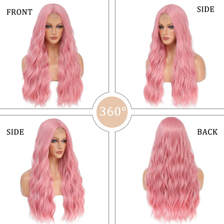YBYMCAI Pink Wig Long Pink Wavy Wigs for Women Middle Part Pastel Pink 26 inch Natural Curly Synthetic Wig Heat Resistan