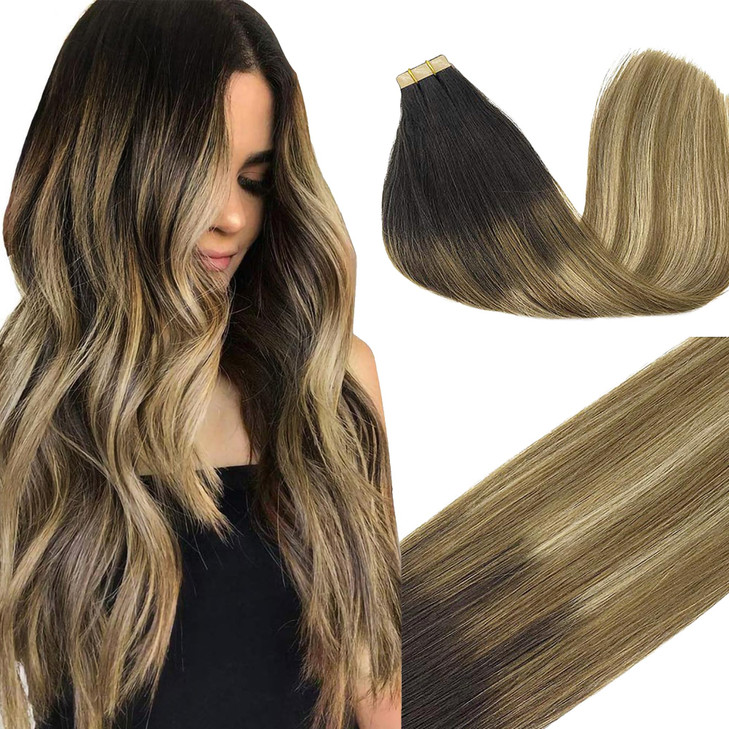 GOO GOO Tape in Hair Extensions Human Hair 2618 Balayage Brown to Dirty Blonde 18inch 50g 20pcs Thick Ends Straight Seam