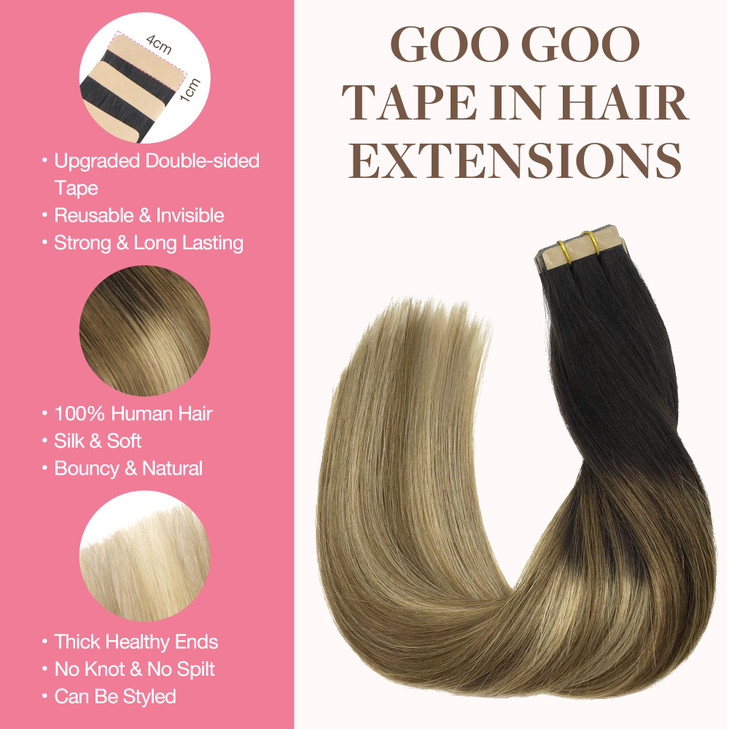 GOO GOO Tape in Hair Extensions Human Hair 2618 Balayage Brown to Dirty Blonde 18inch 50g 20pcs Thick Ends Straight Seam