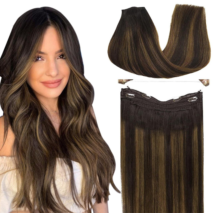 GOO GOO Wire Hair Extensions Human Hair 262 Dark Brown with Chestnut Brown Balayage 16inch 95g Invisible Wire Hair Exten