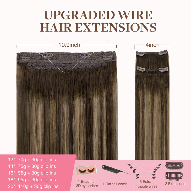 GOO GOO Wire Hair Extensions Human Hair 4274 Chocolate Brown with Caramel Blonde Balayage 14inch 105g Invisible Wire Hai