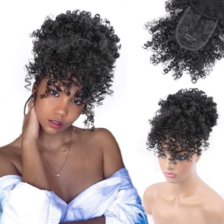 ENTRANCED STYLES Drawstring Ponytail with Bangs Afro Puff Ponytail Extensions for Women Short Curly Puff Ponytail with B