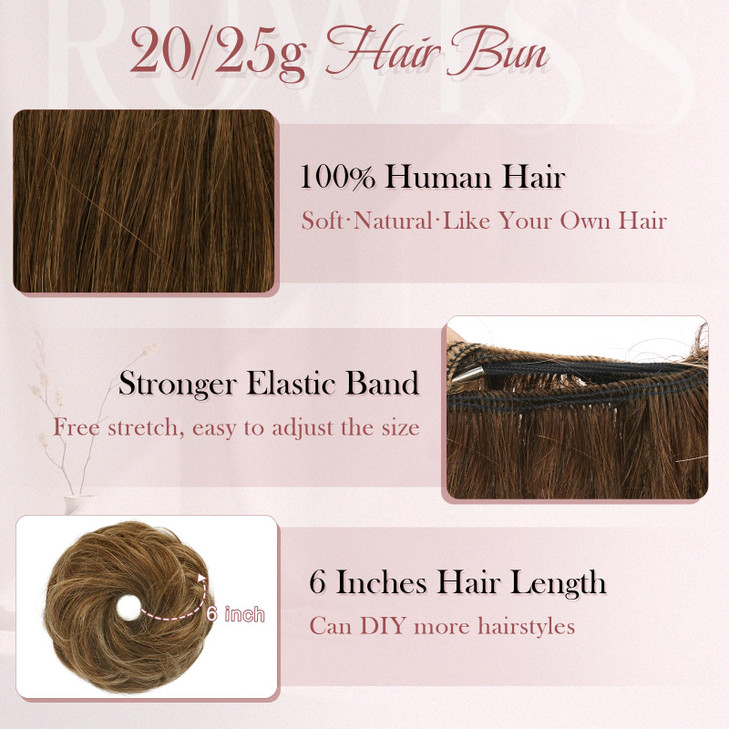 RUWISS Human Hair Bun Hair Piece Long Thin Straight Tousled Updo Bun Hair Pieces for Women Scrunchie Ponytail Extension