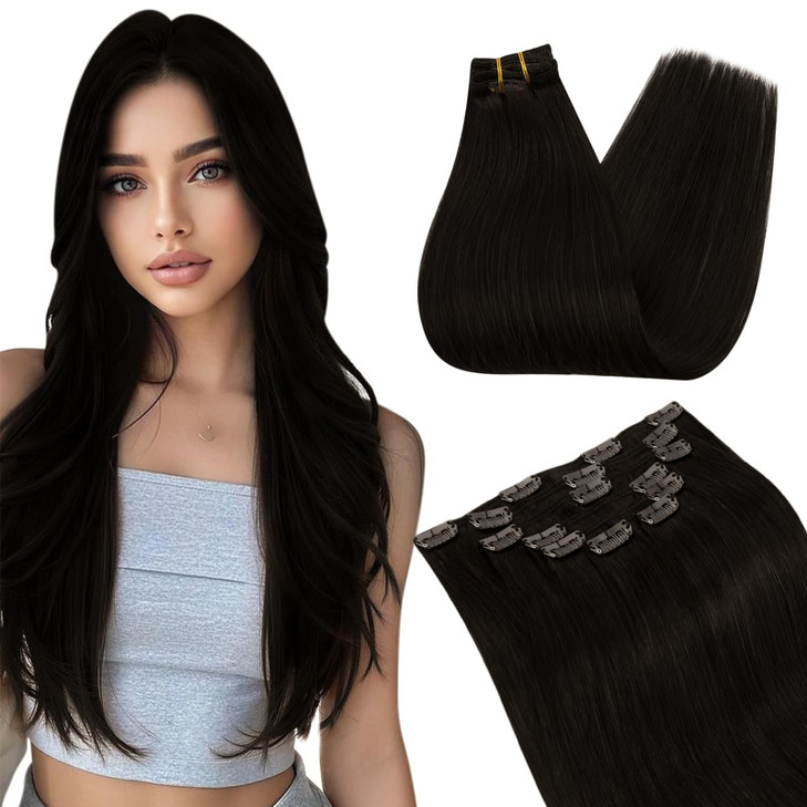 Ugeat Clip in Hair Extensions Real Human Hair Brown Hair Clip Extensions for Women Darkest Brown Brown Hair Extensions C