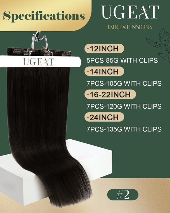 Ugeat Clip in Hair Extensions Real Human Hair Brown Hair Clip Extensions for Women Darkest Brown Brown Hair Extensions C