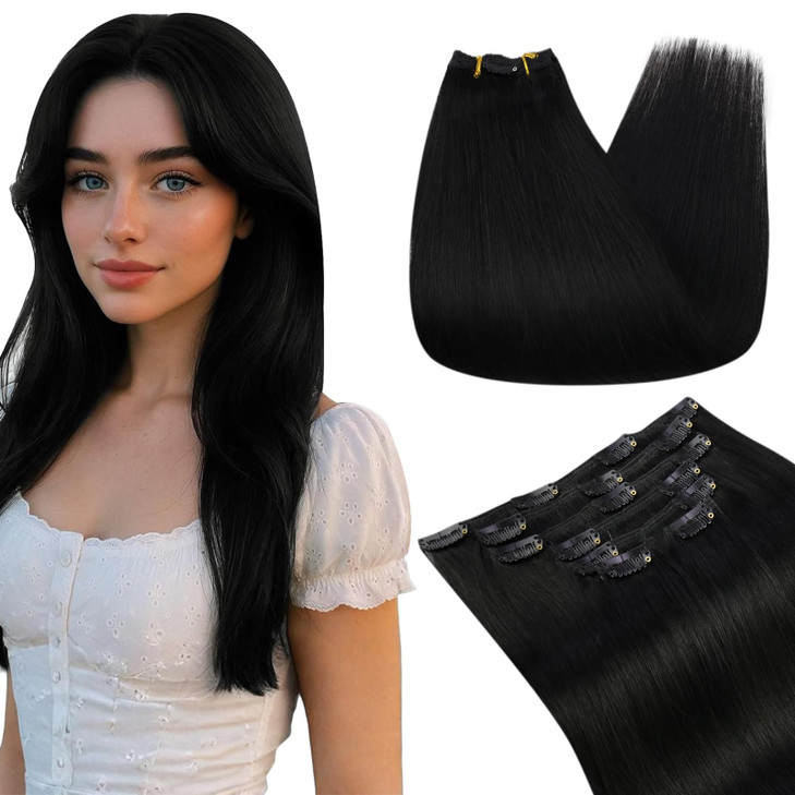 Ugeat Black Human Hair Clip in Extensions for Women Real Hair Extensions Clip in Human Hair Jet Black Hair Extensions Cl