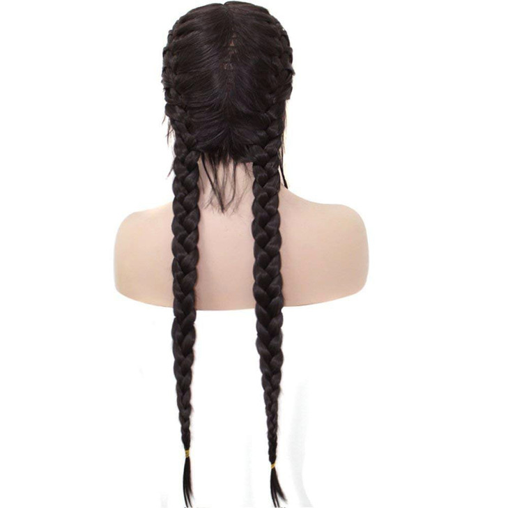 ANOGOL Hair CapLong Double Braids 2 Natural Black Synthetic Braided Lace Front Wig with Baby Hair Wigs Heat Resistant Fi