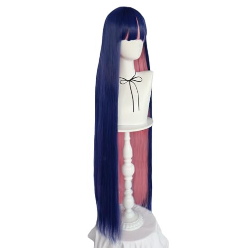 ANOGOL Hair Cap Blue Mix Pink Wig 105cm Long Straight Stocking Wigs for Girl with Bangs Costume for Women Synthetic Hair