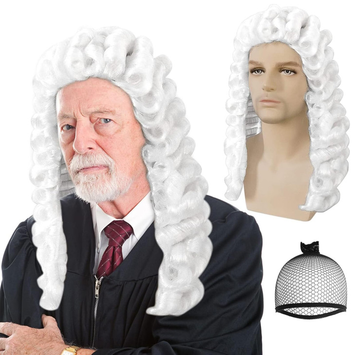 ANOGOL Hair Cap White Judge Wig Men Barristers Cosplay Founding Father Costume Colonial Wigs for Men Powdered Wig Histor