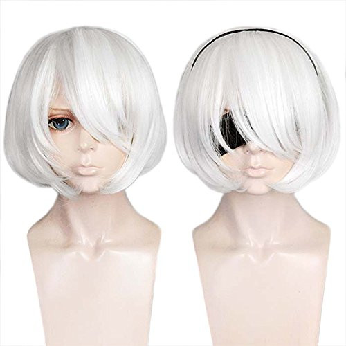 ANOGOL Hair Cap Short White Wig Cosplay White Bob Wig with Bangs Womens Mens Anime Outfit Silver Synthetic Hair for Hall
