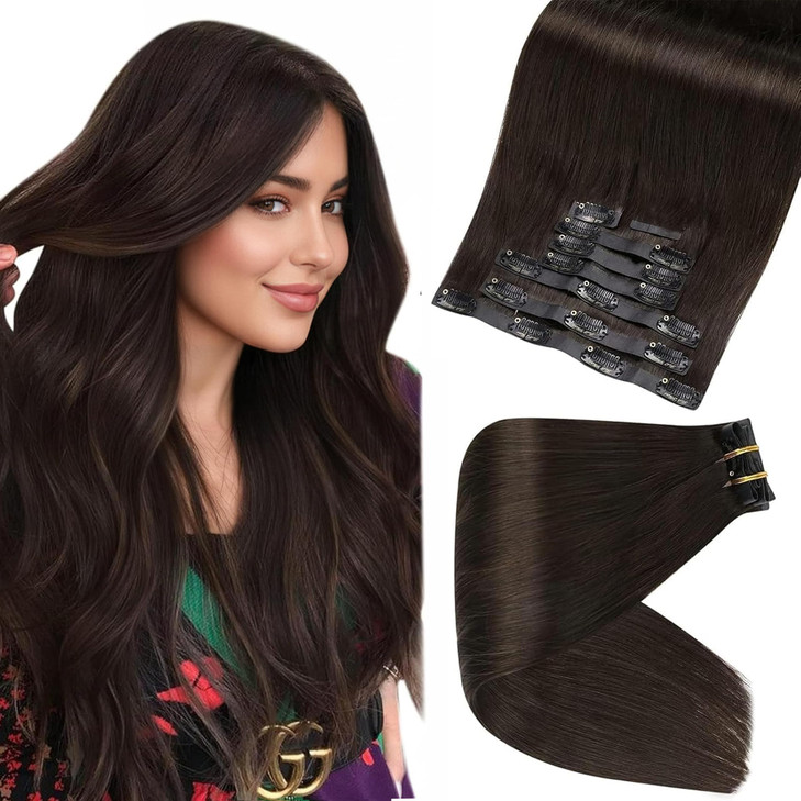 Full Shine Clip in Hair Extensions Dark Brown Seamless Hair Extensions Clip in PU Weft Real Human Hair Brown Natural Sil