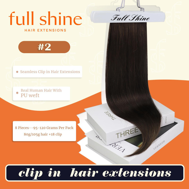 Full Shine Clip in Hair Extensions Dark Brown Seamless Hair Extensions Clip in PU Weft Real Human Hair Brown Natural Sil