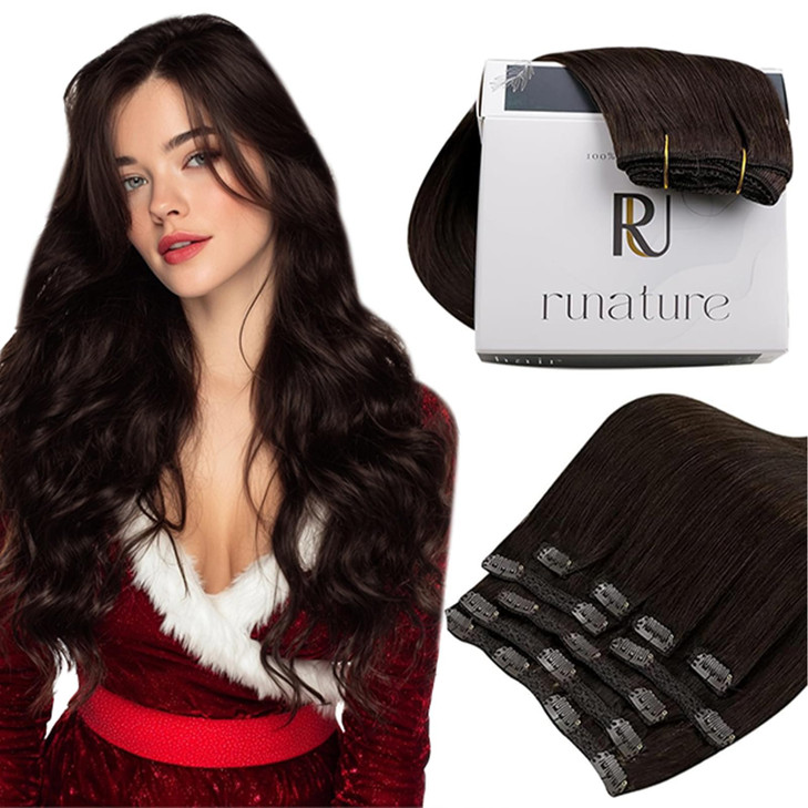 RUNATURE Brown Clip in Hair Extensions Real Human Hair Clip in Extensions Short Hair Extensions Clip Ins For Women Remy