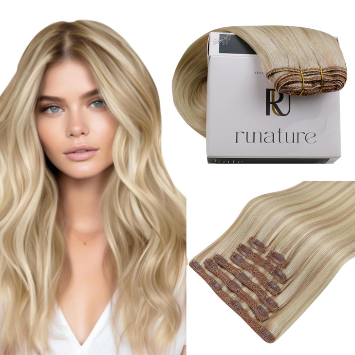 RUNATURE Blonde Human Hair Clip in Extensions Short Clip in Hair Extensions Real Human Hair Clip on Hair Extensions For