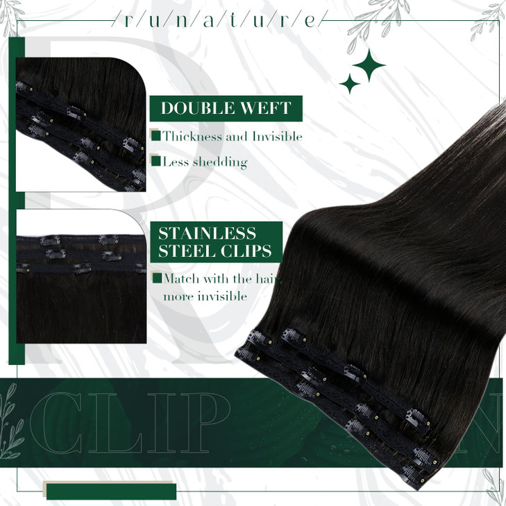 RUNATURE Black Clip in Hair Extensions Real Hair Extensions Clip Ins Long Human Hair Clip in Extensions Remy Soft Hair N