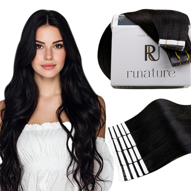 RUNATURE Tape in Hair Extensions Human Hair Black 20 Inch Jet Black Tape in Extensions Real Human Hair Seamless Hair Ext