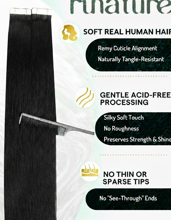 RUNATURE Tape in Hair Extensions Human Hair Black 20 Inch Jet Black Tape in Extensions Real Human Hair Seamless Hair Ext