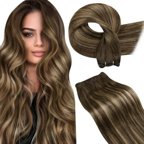 LaaVoo Sew in Hair Extensions Real Human Hair Straight Sew in Hair Extensions Brown Balayage Caramel Blonde Mix Brown Hu